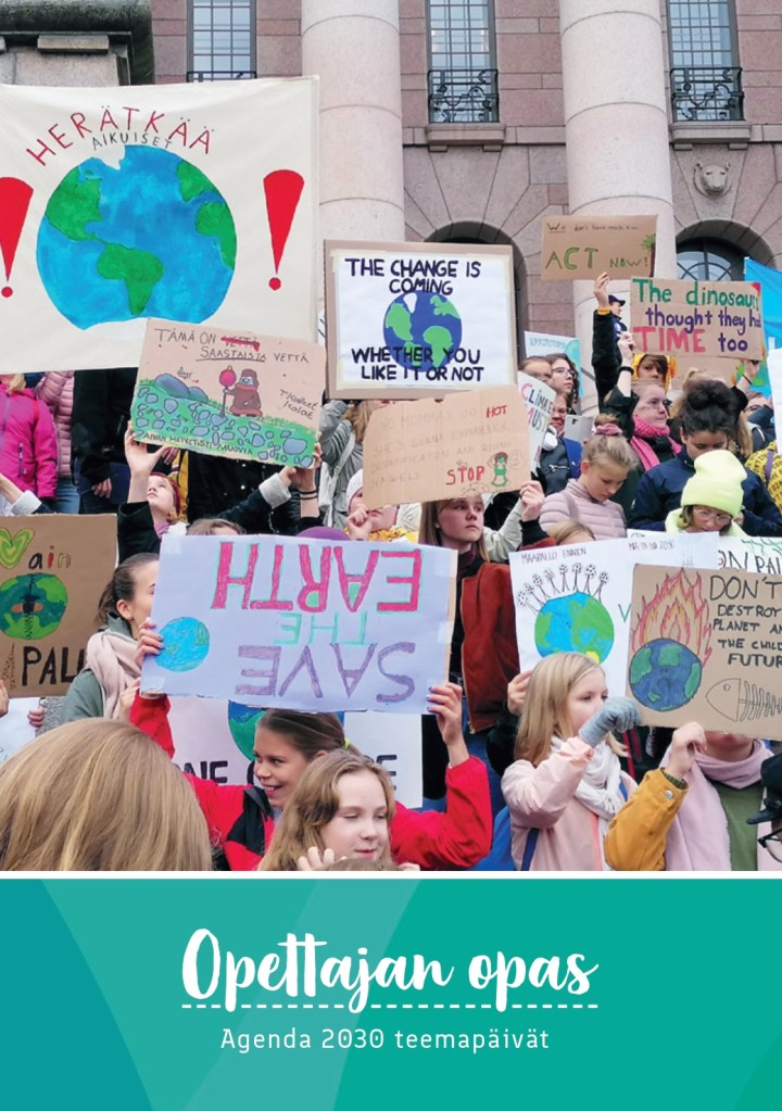 Opas kirjasta, jossa teksti Opettajan opas, Agenda2030 teemapäivät